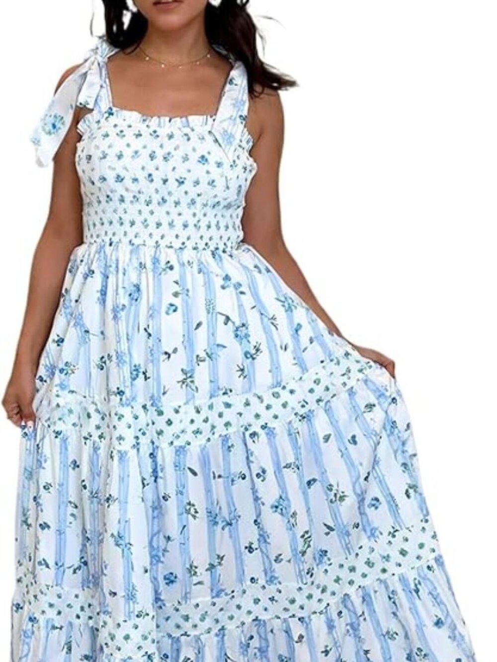 Women's Sky Blue Floral Smocked Tied Straps A-Line Tiered Maxi Dress for Wedding
